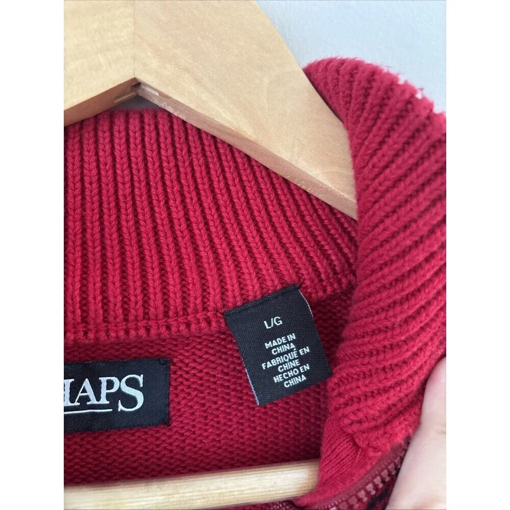Chaps Men’s Red Quarter Zip Sweater Moose Fair Isle Design Size Large Holiday - Picture 4 of 7